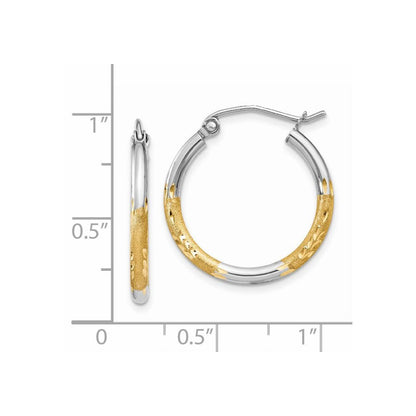 14k Yellow Gold White Rhodium 2mm Satin and Polished Diamond-cut Hoop Earrings