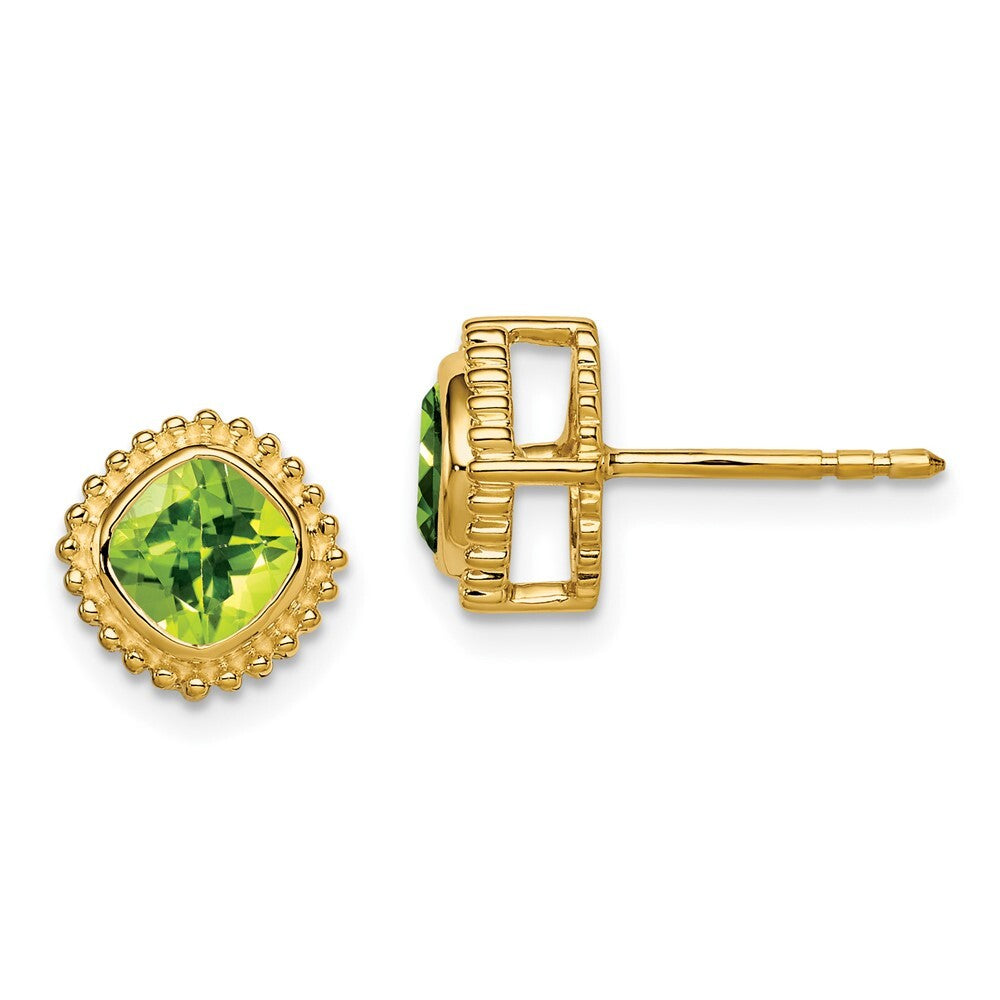 14k Yellow Gold Cushion Peridot Stud Earrings