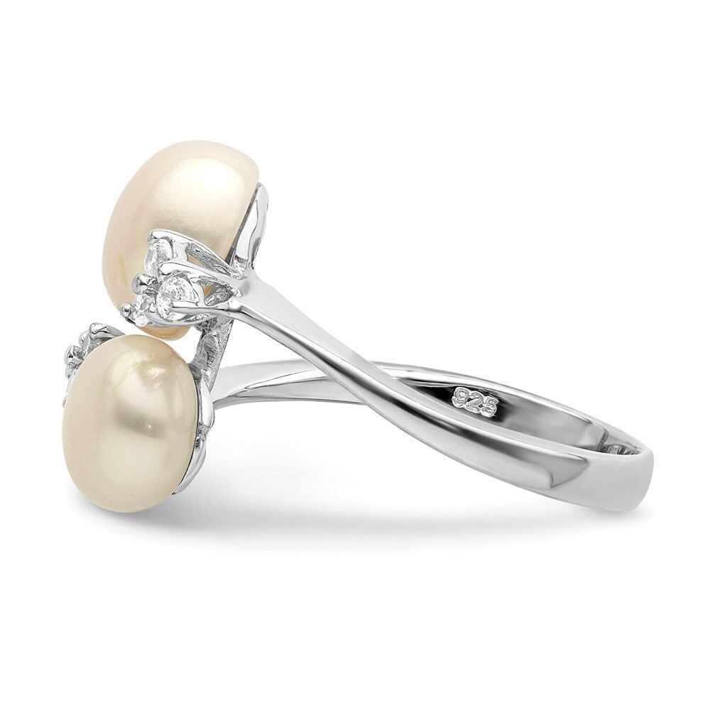 Sterling Silver 8-9mm White Button Freshwater Cultured Pearl and CZ Ring