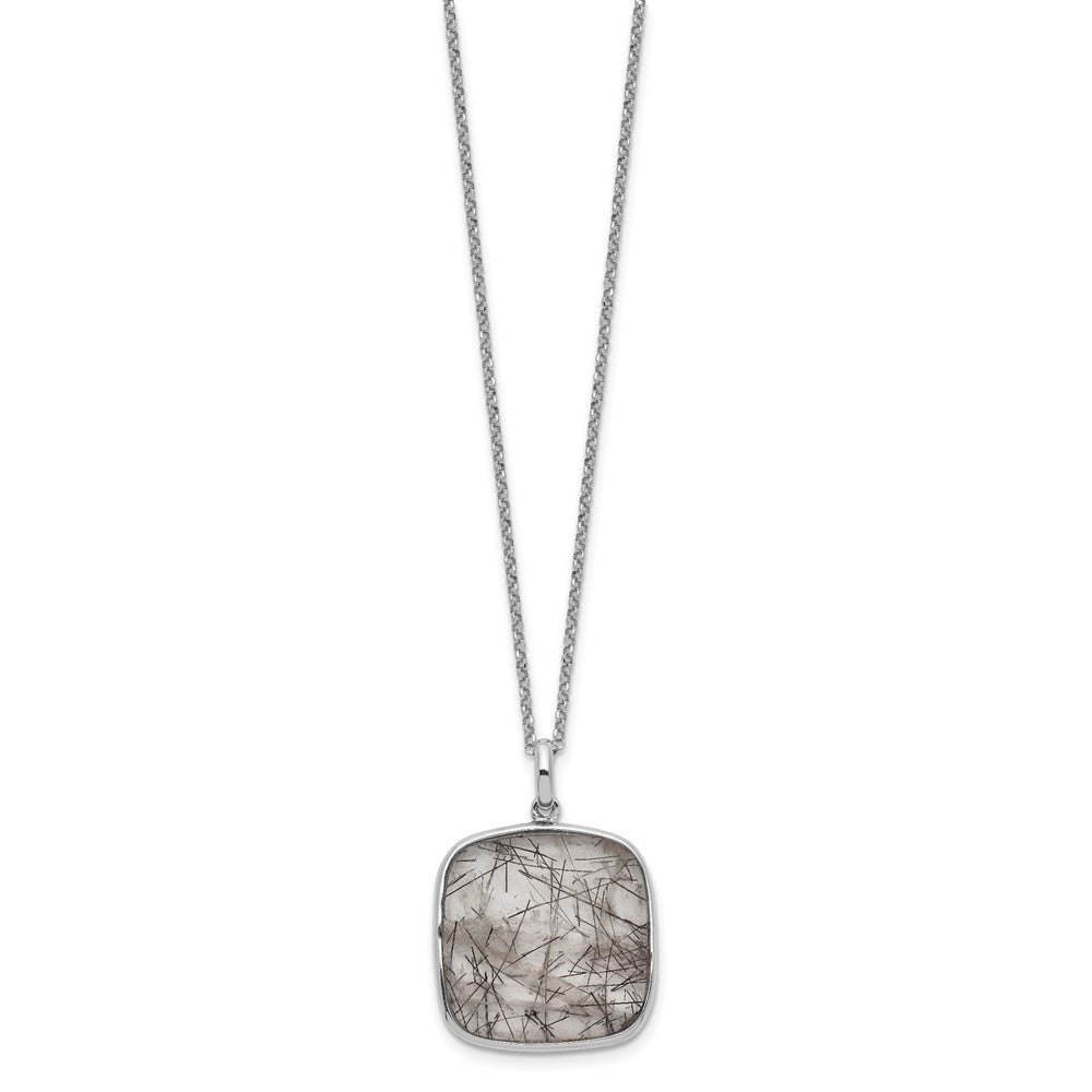 Sterling Silver Rhodium-plated Square Black Rutilated Quartz Necklace