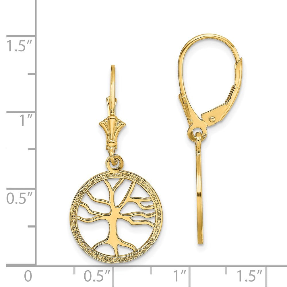 14k Yellow Gold Tree of Life In Round Frame Drop Dangle Earrings