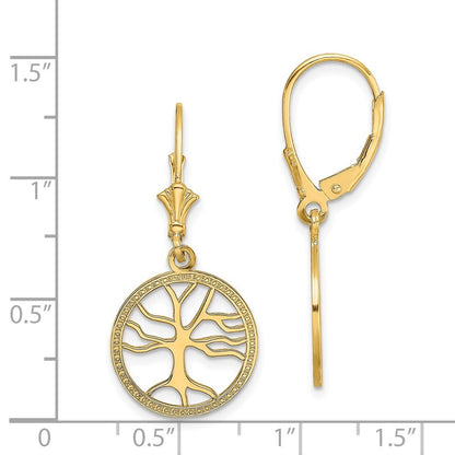 14k Yellow Gold Tree of Life In Round Frame Drop Dangle Earrings