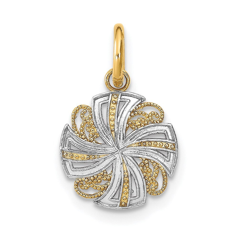 14k Yellow Gold Rhodium and Diamond-Cut Mini Pinwheel Medallion Charm Pendant