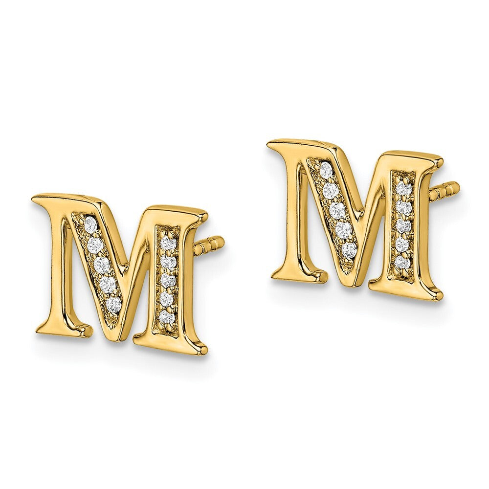 14k Yellow Gold Diamond Initial M Stud Earrings Gift for Women