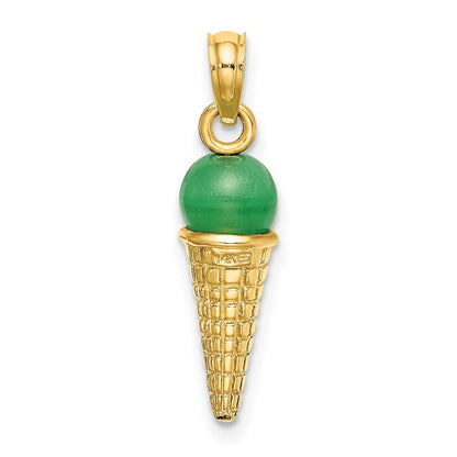 14k Yellow Gold Satin Polished 3D  Green Bead Ice Cream Cone Pendant