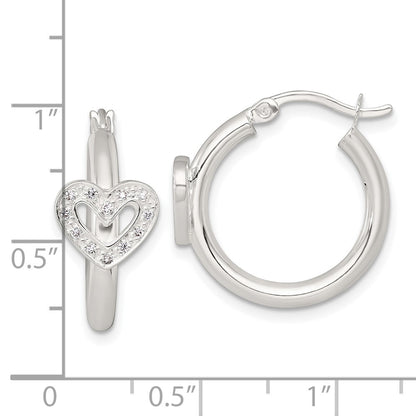 Sterling Silver Polished CZ Heart Round Hoop Earrings