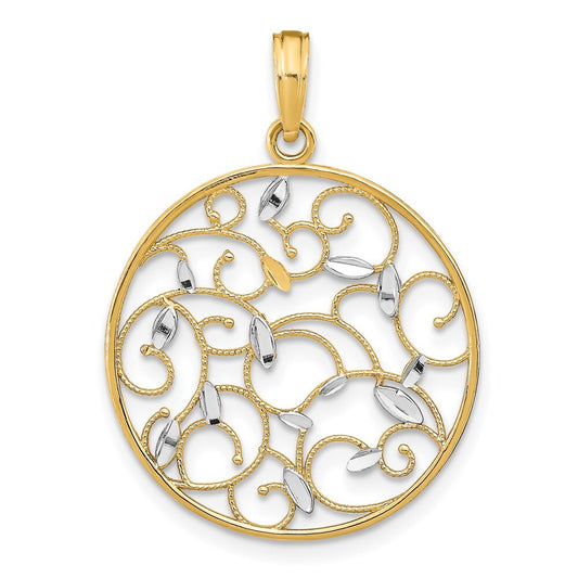 14k Yellow Gold Rhodium Floral Medallion Pendant Charm Pendant for Women