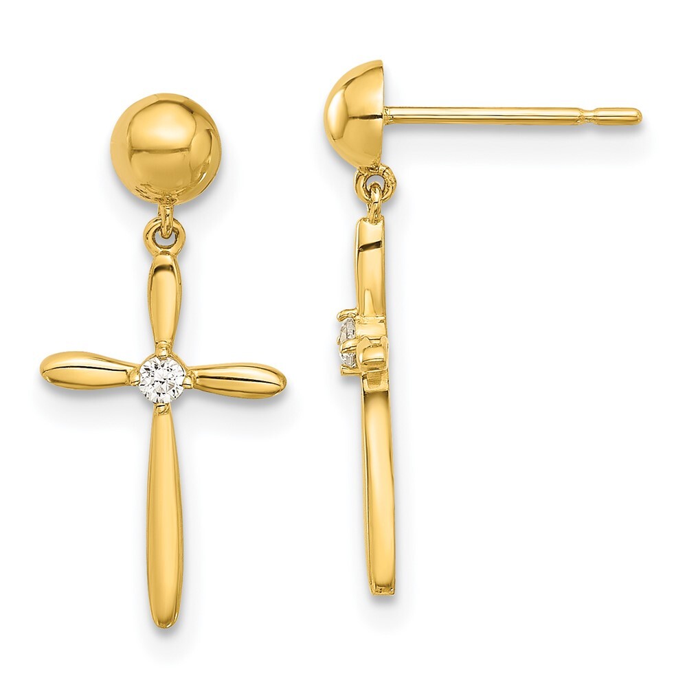 14k Yellow Gold Polished Cubic Zirconia Cross Dangle Earrings Gift for Women