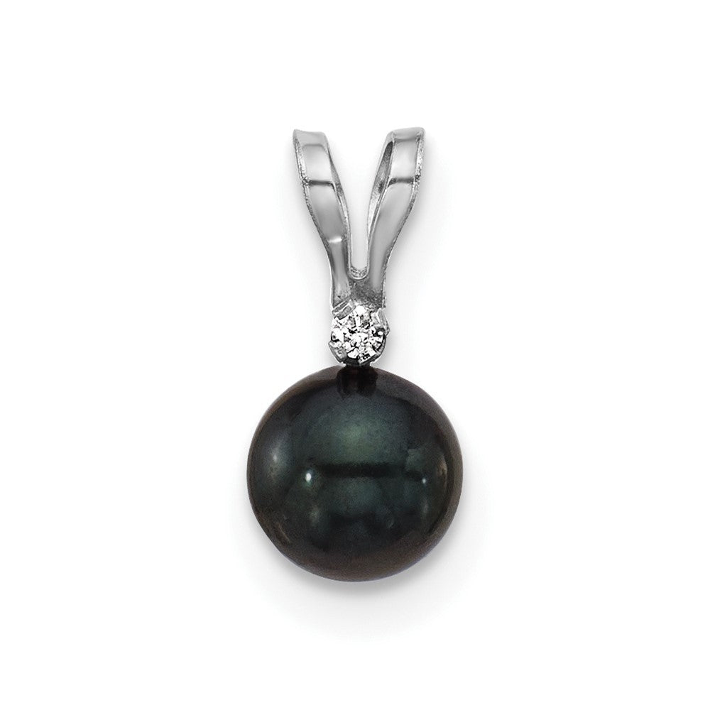 14k White Gold 5-6mm Black Round Akoya Cultured Pearl &.01 Carat Diamond Pendant