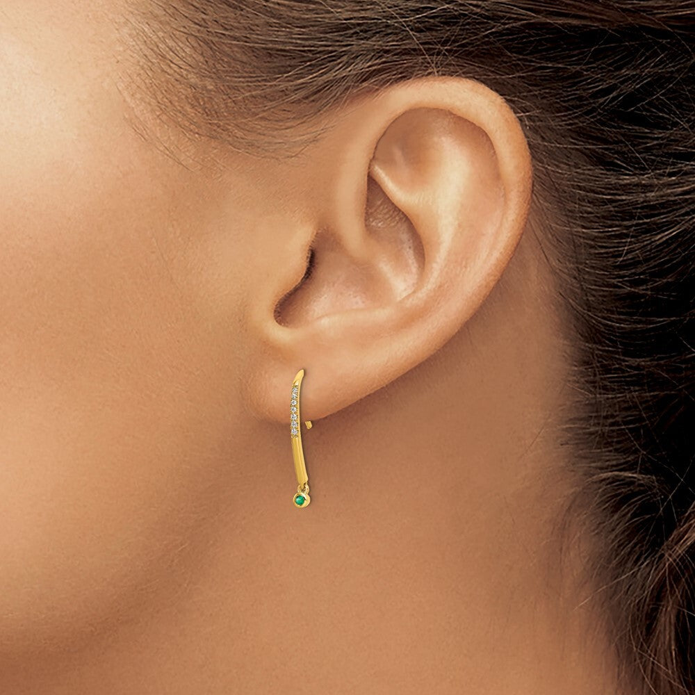 14k Yellow Gold Polished Diamond and Emerald Drop Wire Stud Earrings