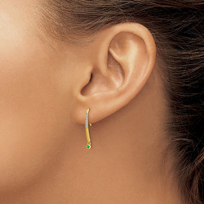 14k Yellow Gold Polished Diamond and Emerald Drop Wire Stud Earrings