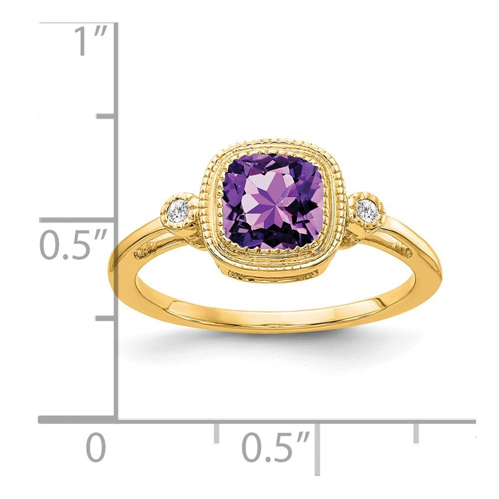14K Yellow Gold Cushion Amethyst and Diamond Ring Size 7