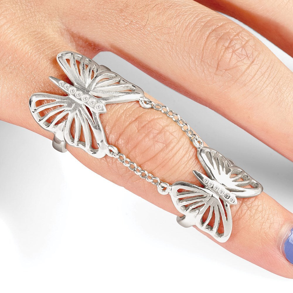 Sterling Silver Polished Cubic Zirconia Butterfly Double Finger Ring Size 7
