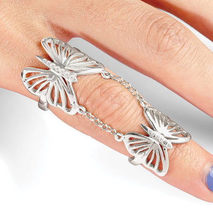 Sterling Silver Polished Cubic Zirconia Butterfly Double Finger Ring Size 7