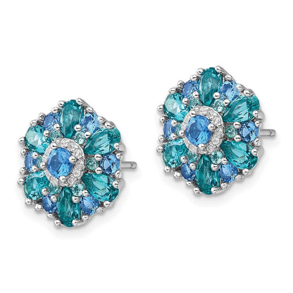 Sterling Silver Rh-pltd Blue/Green Nano Crystal and CZ Floral Earrings