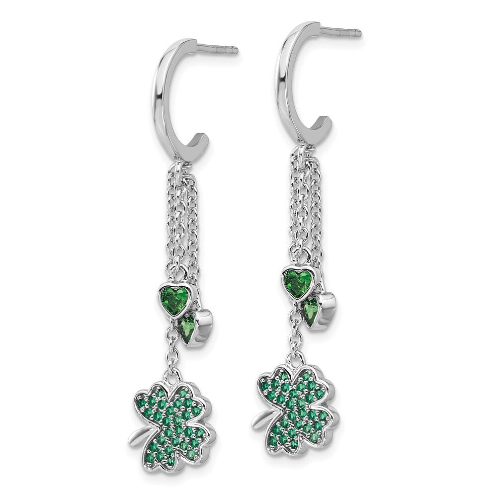 Sterling Silver Green Cubic Zirconia Clover Heart Post Hoop Earrings