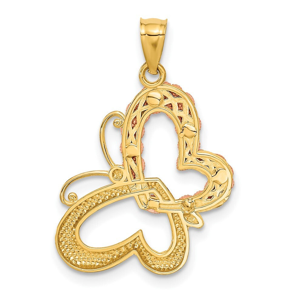 14k Two-tone Gold Gold White Rhodium Butterfly Hearts Pendant
