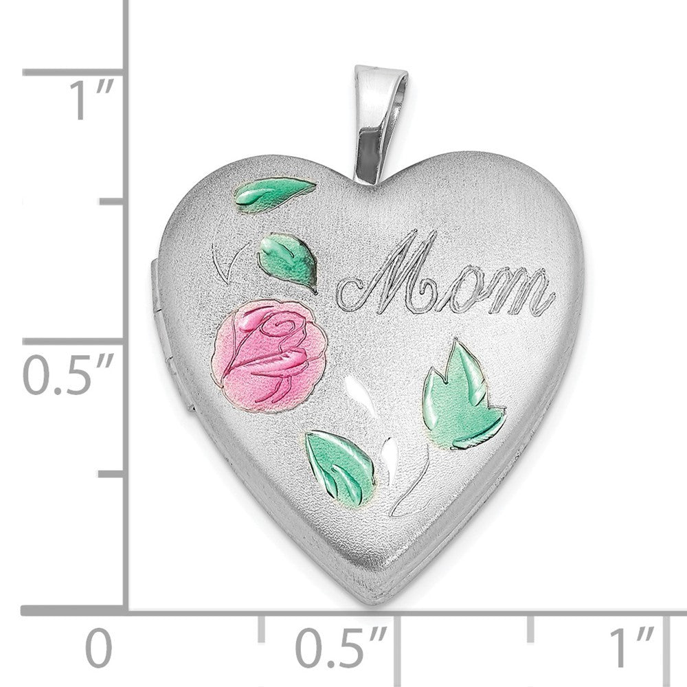 Sterling Silver Rhodium-plated Enameled Flower w Mom 20mm Heart Locket