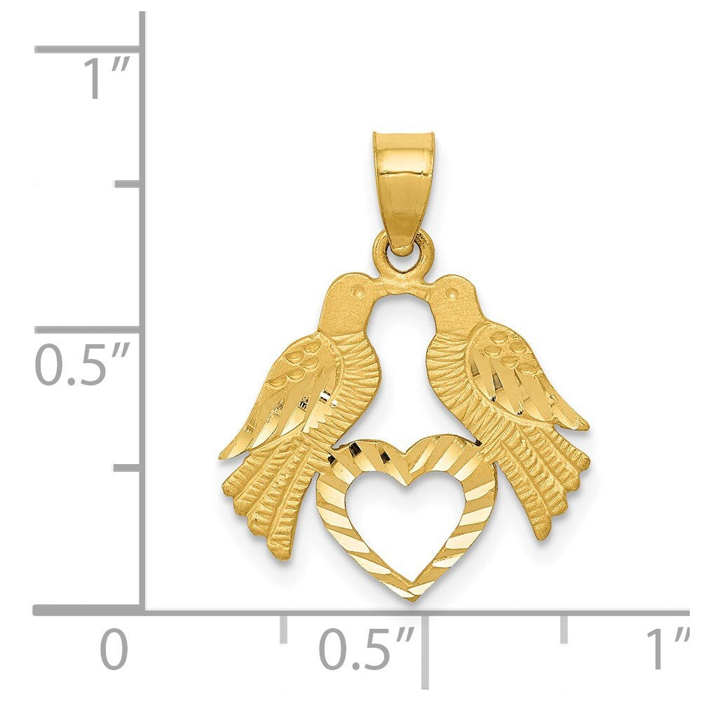 14k Yellow Gold Polished Diamond-cut Love Birds with Heart Pendant for Women