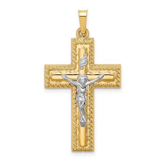14k Two-tone Gold Hollow Polished Rope Edge Latin Crucifix Pendant