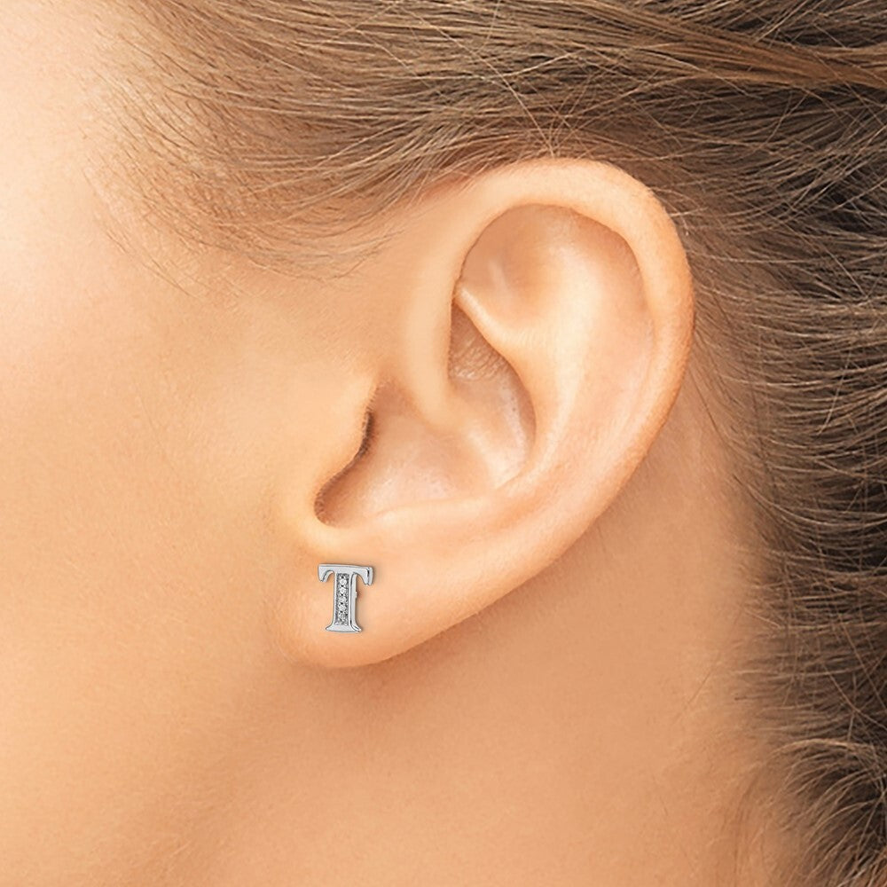 14k White Gold Diamond Initial T Stud Earrings Gift for Women