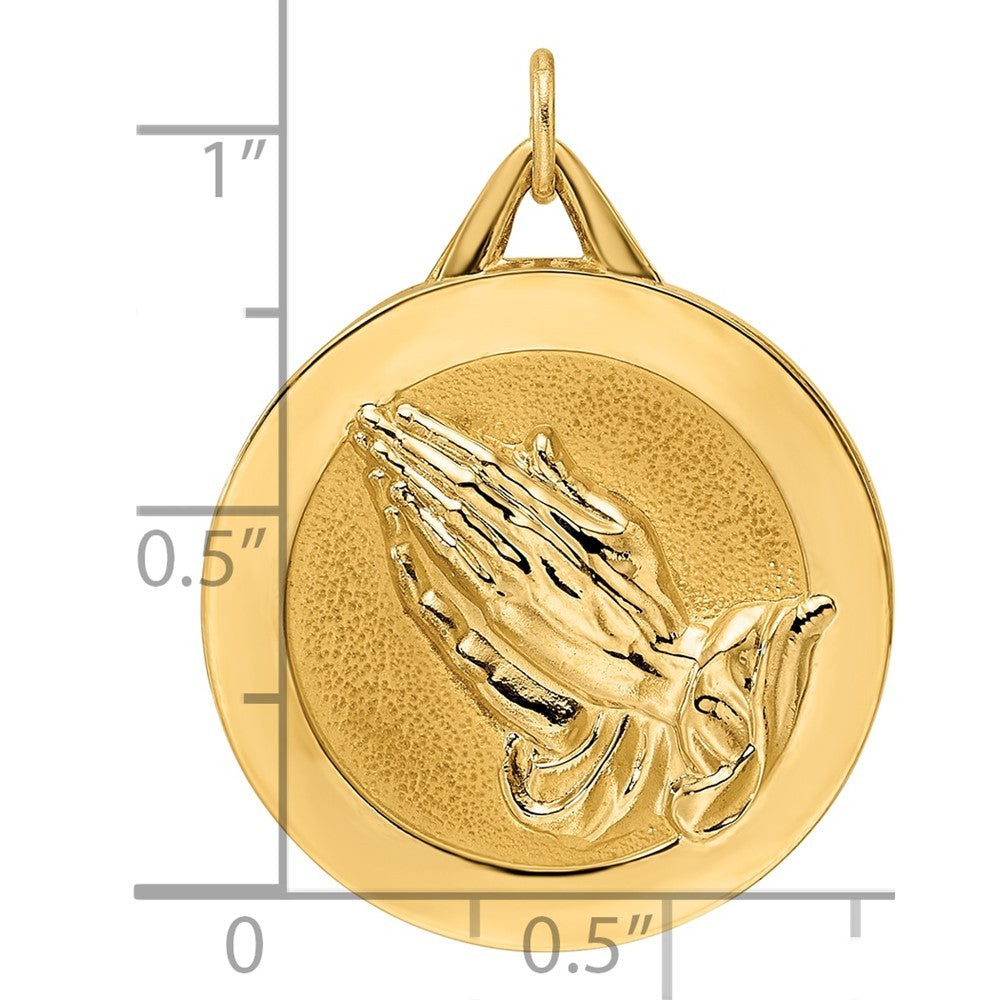 14k Yellow Gold Polished and Satin Solid Praying Hands Disc Pendant
