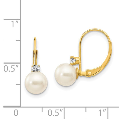 14k Yellow Gold 6-7mm FW Cultured Pearl AA Diamond Leverback Earrings