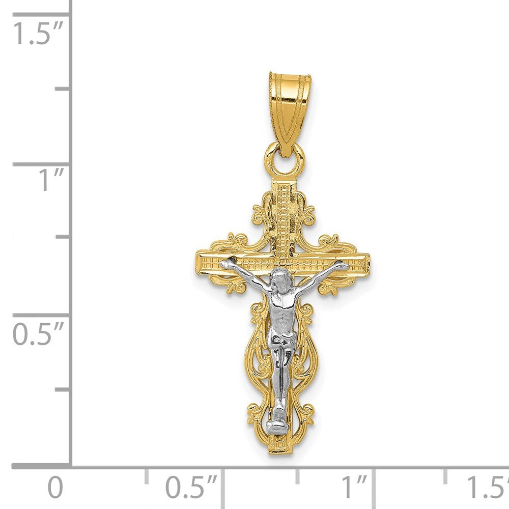 14k Two-tone Gold Small Narrow Cross Crucifix Pendant for Women