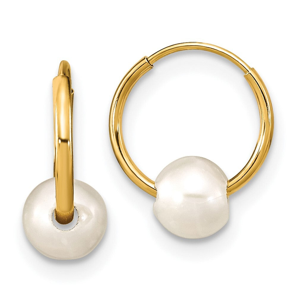 14k Yellow Gold 5-6mm White Round Freshwater Cultured Pearl Hoop Earrings