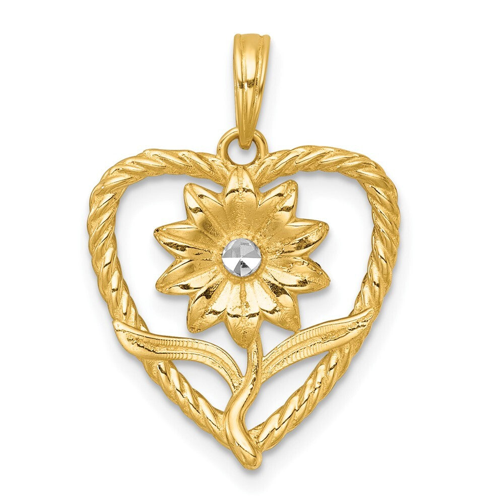 14k Yellow Gold with White Rhodium Polished Flower In Heart Charm Pendant
