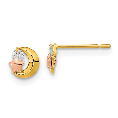 14k Yellow & Rose Gold Cubic Zirconia Moon and Star Stud Earrings