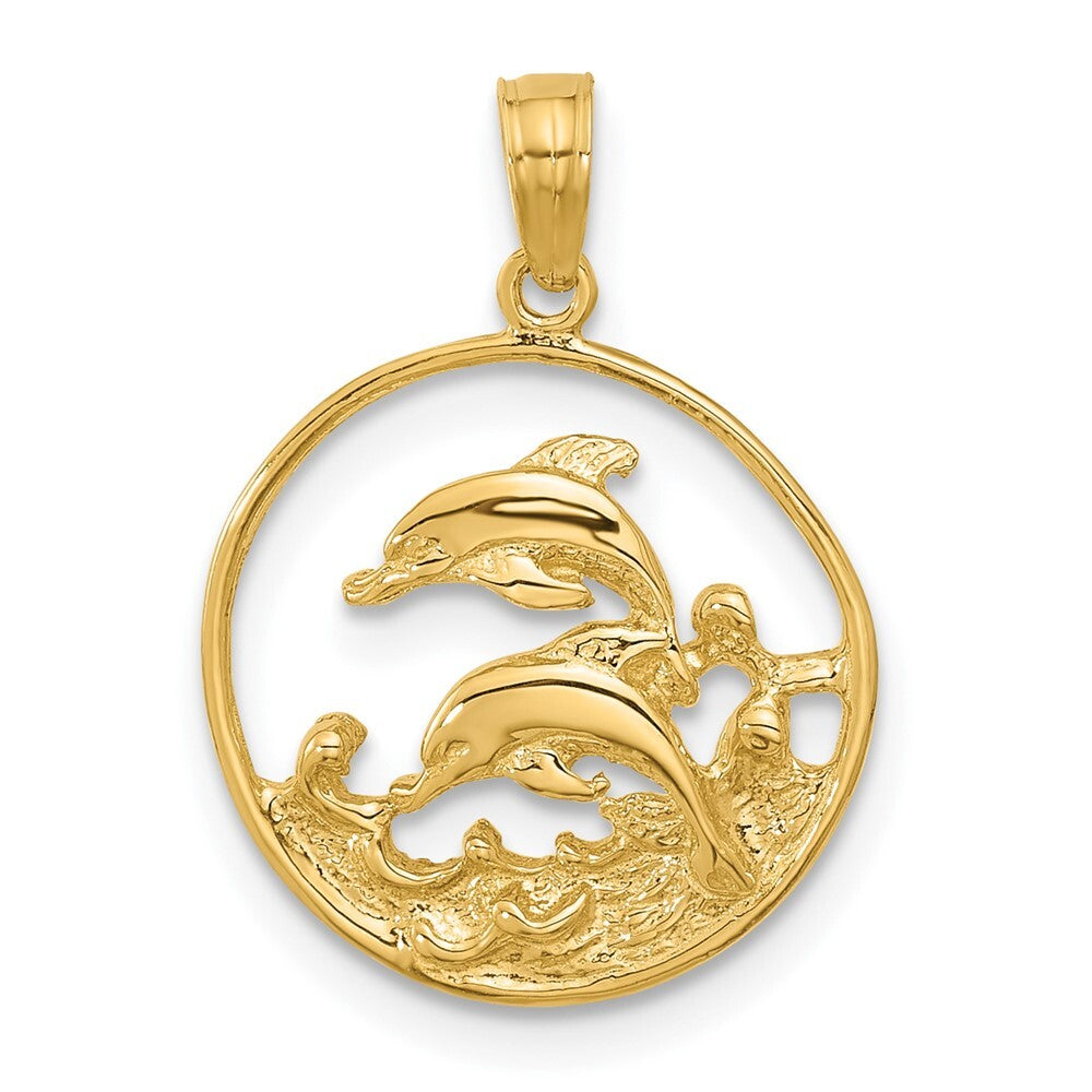 14k Yellow Gold Double Dolphin Circle Pendant for Women
