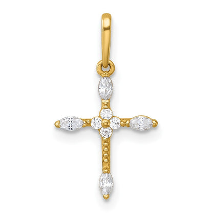 14k Yellow Gold Polished and Beaded Fancy Cubic Zirconia Cross Charm Pendant