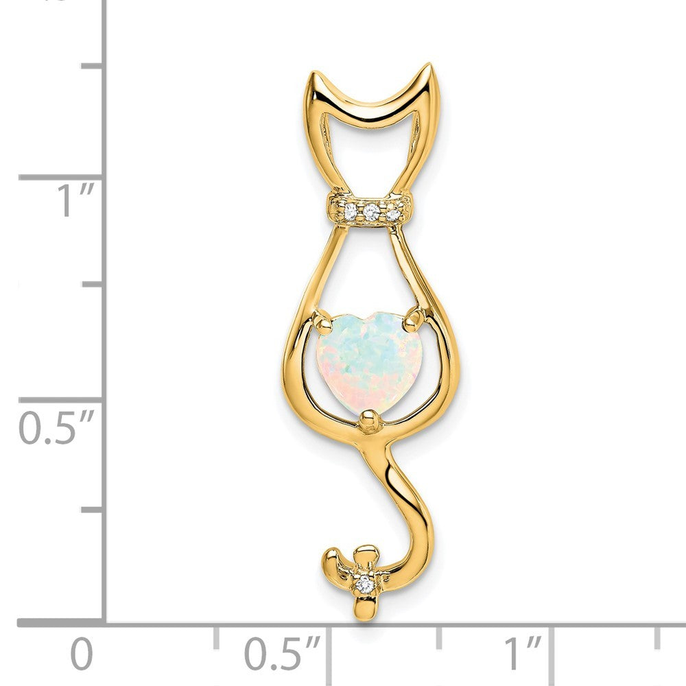 14k Yellow Gold Lab Created Opal and Diamond Cat Chain Slide