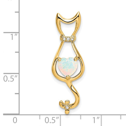 14k Yellow Gold Lab Created Opal and Diamond Cat Chain Slide