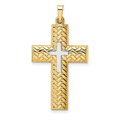 14k Two-tone Gold Polished Hollow Woven Double Cross Pendant for Women