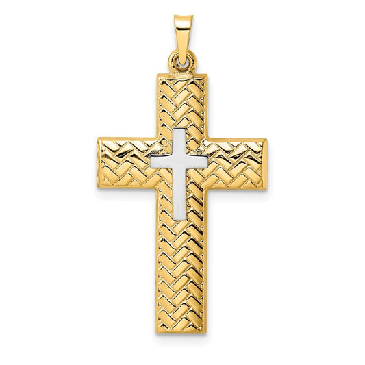 14k Two-tone Gold Polished Hollow Woven Double Cross Pendant for Women