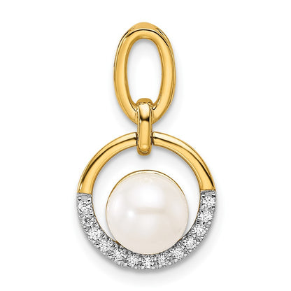 14k Yellow Gold  1/15 Ct Diamond & Freshwater Cultured Pearl Open Circle Pendant