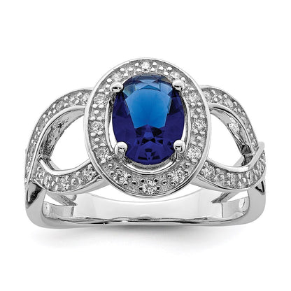 Sterling Silver Rhodium plated Dark Blue Glass & Cubic Zirconia Ring Size 7