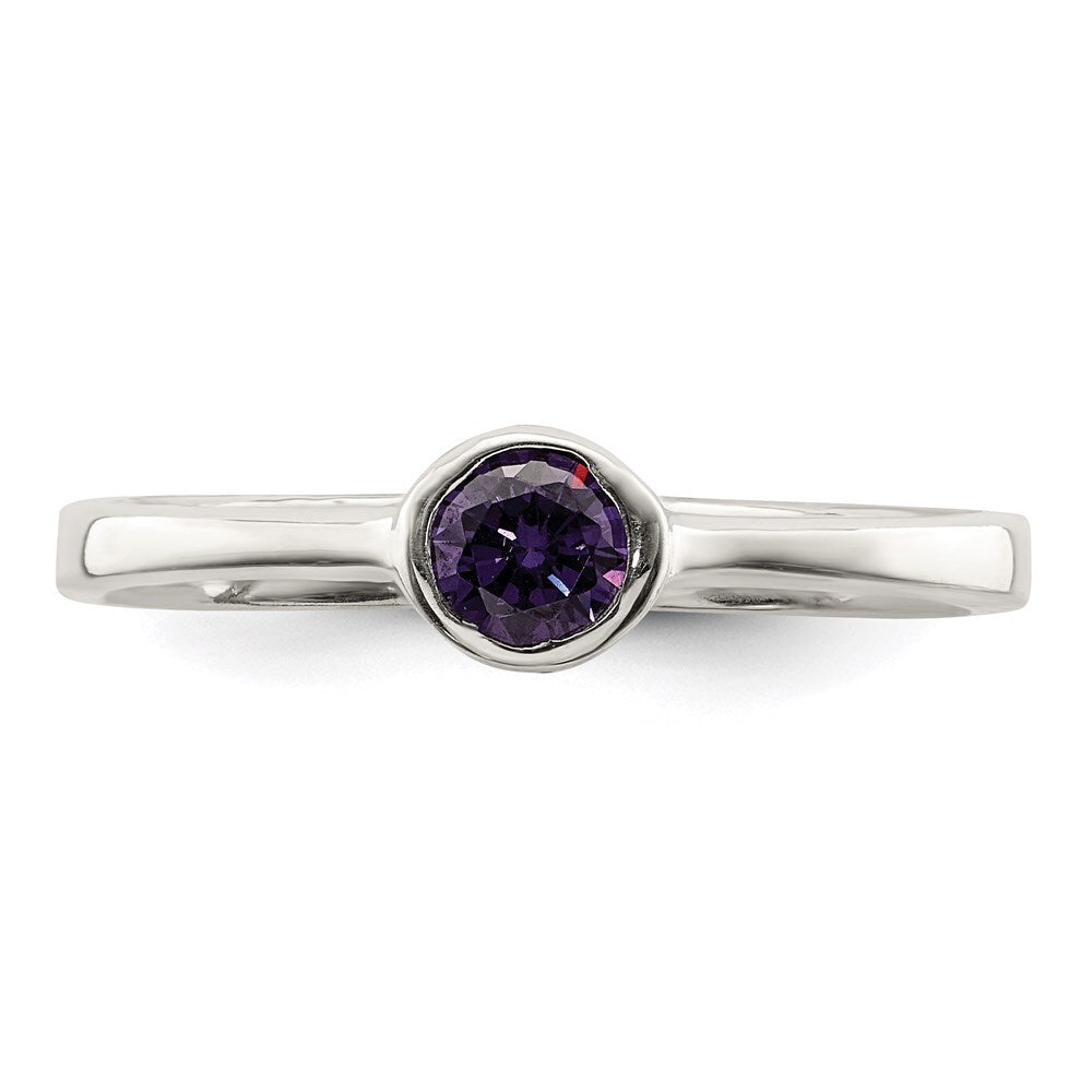 Sterling Silver Purple Round Bezel Cubic Zirconia Ring Size 8
