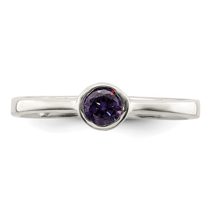 Sterling Silver Purple Round Bezel Cubic Zirconia Ring Size 8
