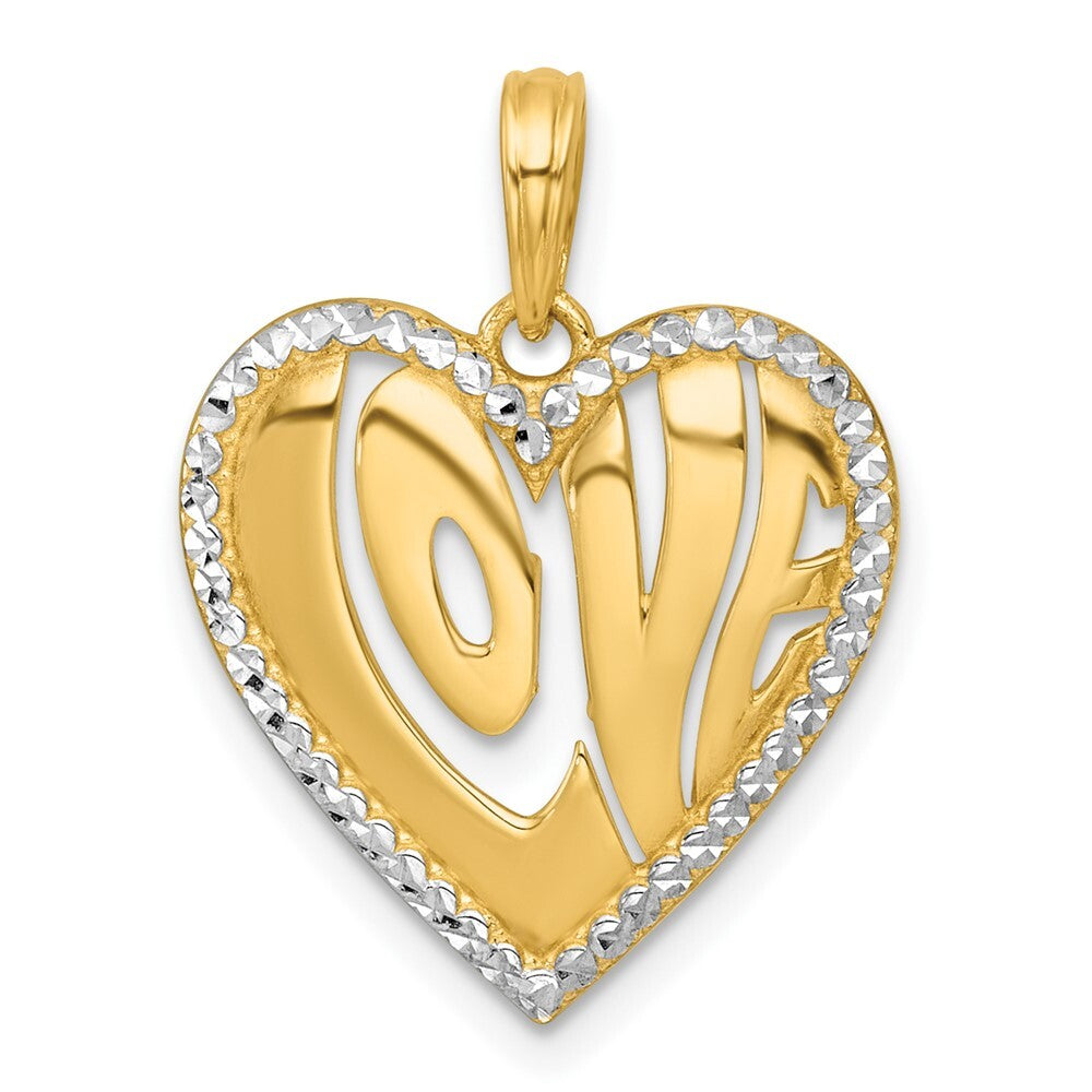 14k Yellow Gold with White Rhodium Polished LOVE In Heart Charm Pendant