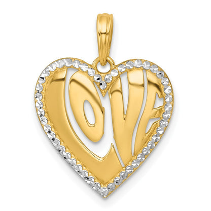 14k Yellow Gold with White Rhodium Polished LOVE In Heart Charm Pendant