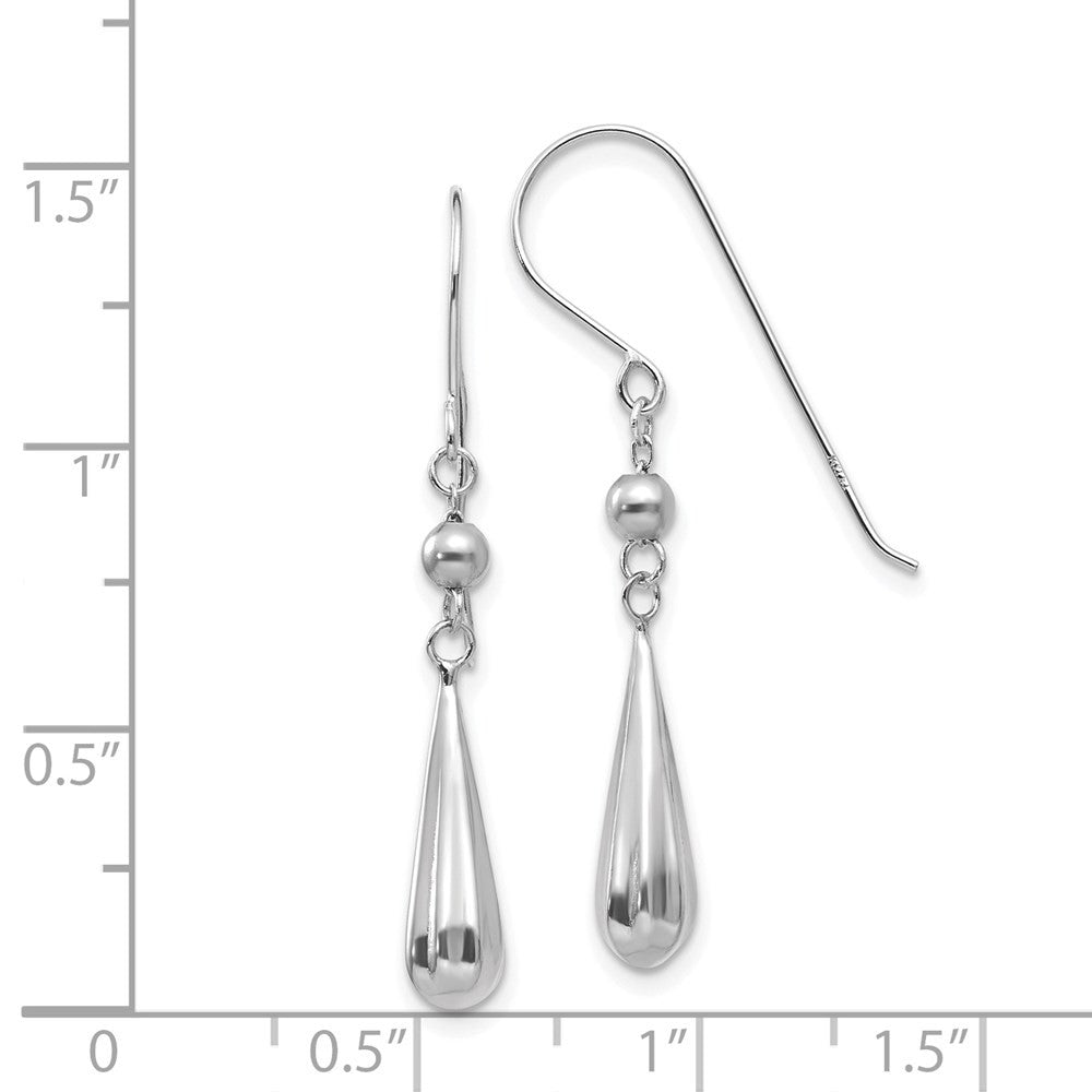 14K White Gold Grooved Puffed Teardrop Drop Dangle Earrings w/ Shepherd Hook