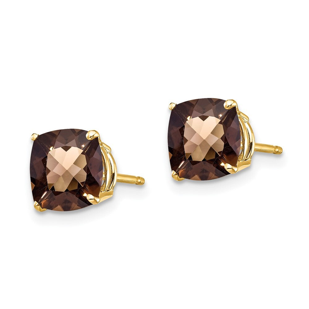 14k Yellow Gold 7mm Cushion Checker-Cut Smoky Quartz Earrings Gift for Women