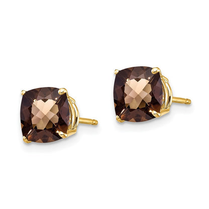 14k Yellow Gold 7mm Cushion Checker-Cut Smoky Quartz Earrings Gift for Women