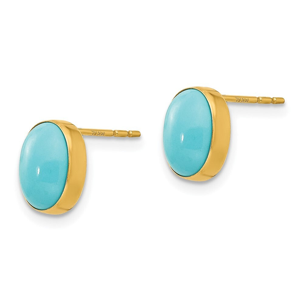 14k Yellow Gold Bezel Set Oval Turquoise Stud Earrings Gift for Women