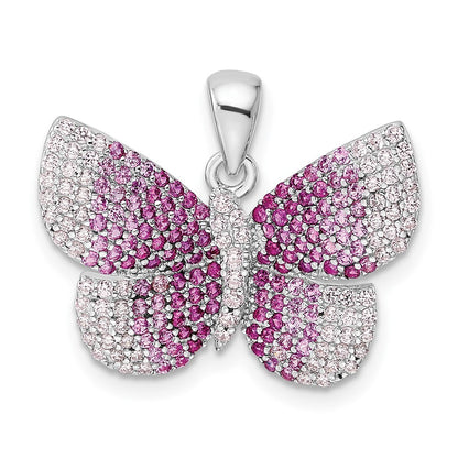 Sterling Silver Rhodium-plated Polished Pink Cubic Zirconia Butterfly Pendant