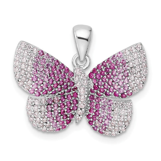 Sterling Silver Rhodium-plated Polished Pink Cubic Zirconia Butterfly Pendant