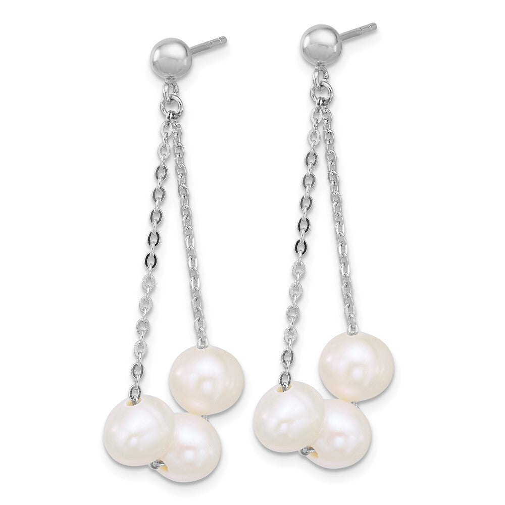 Sterling Silver 6-7mm White Semi-Round Cultured 3-Pearl Post Dangle Earrings